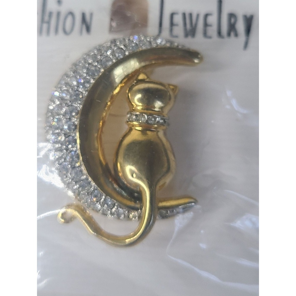 New Goldtone Cat On Crescent Moon Crystal Brooch Pin